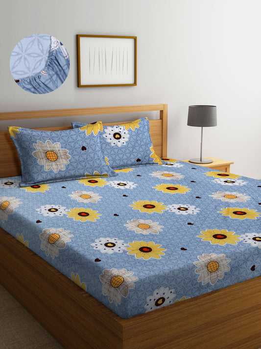 Arrabi Grey Floral TC Cotton Blend King Size Fitted Bedsheet with 2 Pillow Covers(250 X 215 Cm )