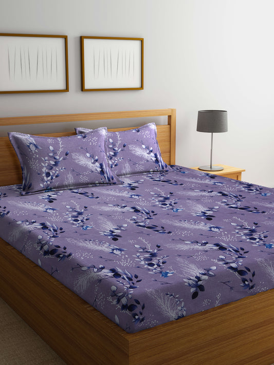Arrabi Grey Floral TC Cotton Blend King Size Bedsheet with 2 Pillow Covers (250 X 215 cm)