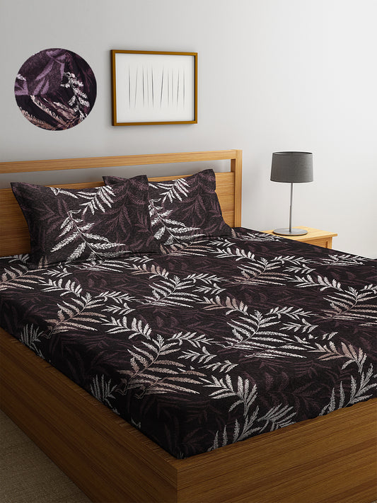 Arrabi Brown Leaf TC Cotton Blend Double Size Fitted Bedsheet with 2 Pillow Covers (250 X 220 cm)