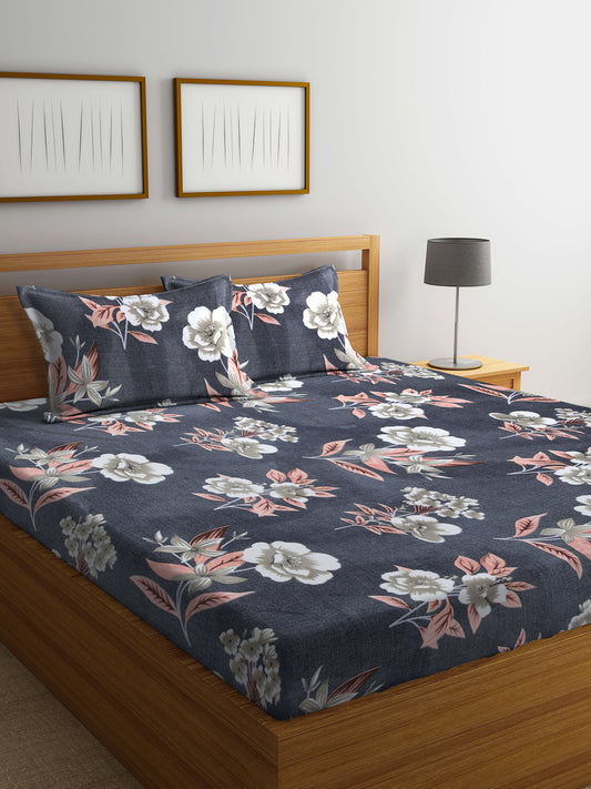 Arrabi Grey Floral TC Cotton Blend Double Size Bedsheet with 2 Pillow Covers (250 x 215 cm)