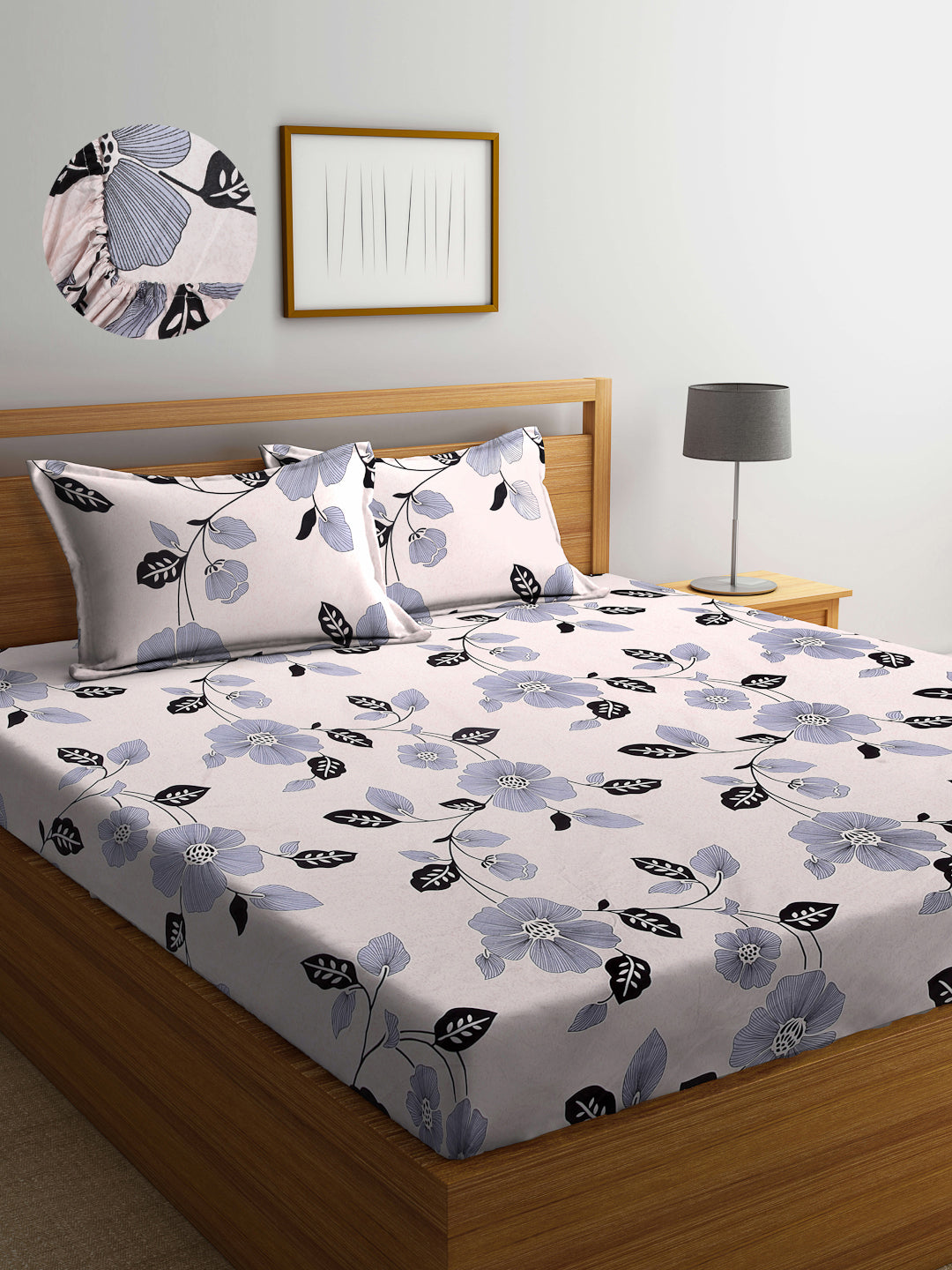 Arrabi Beige Floral TC Cotton Blend Super King Size Fitted Bedsheet with 2 Pillow Covers (270 X 260 Cm )
