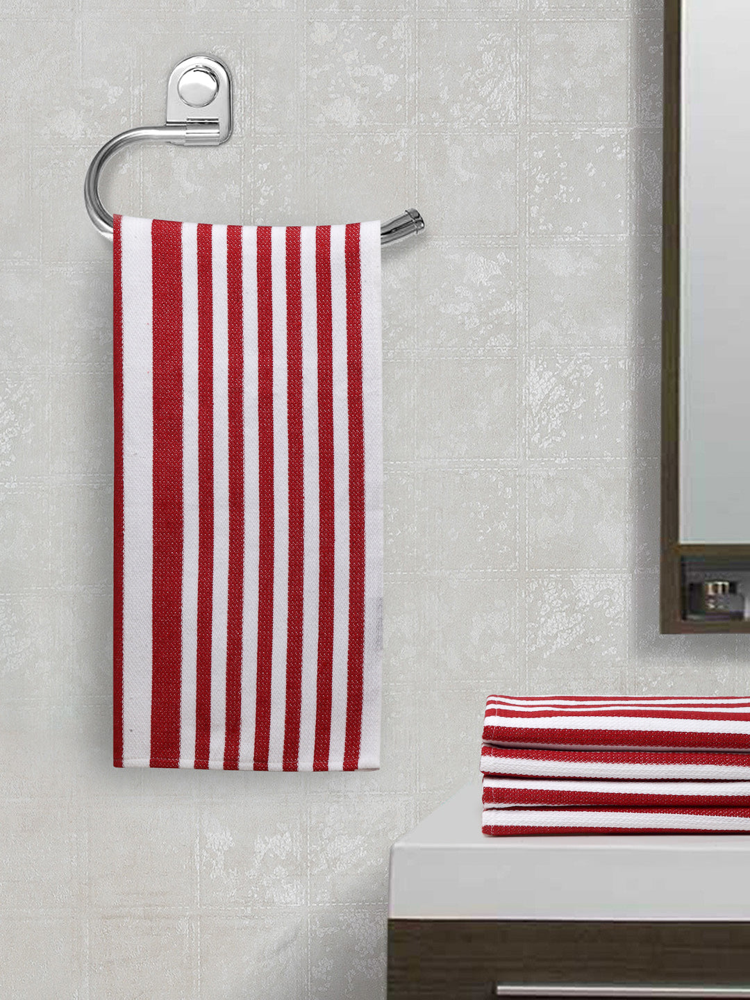 Arrabi Red Stripes Handwoven Cotton Hand Towel (Set of 5) (85 X 35 cm)