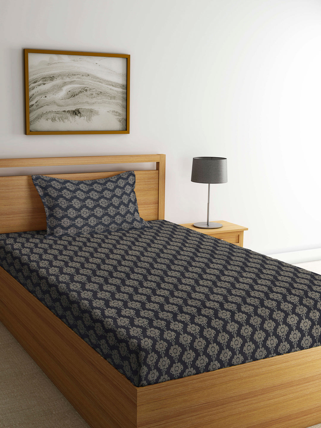 Arrabi Black Indian Handwoven Cotton Single Size Bedsheet with 1 Pillow Cover (230 X 150 cm)