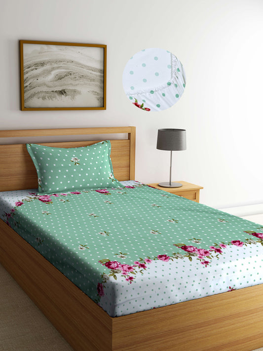 Arrabi Green Floral TC Cotton Blend Single Size Fitted Bedsheet with 1 Pillow Cover (220 X 150 cm)