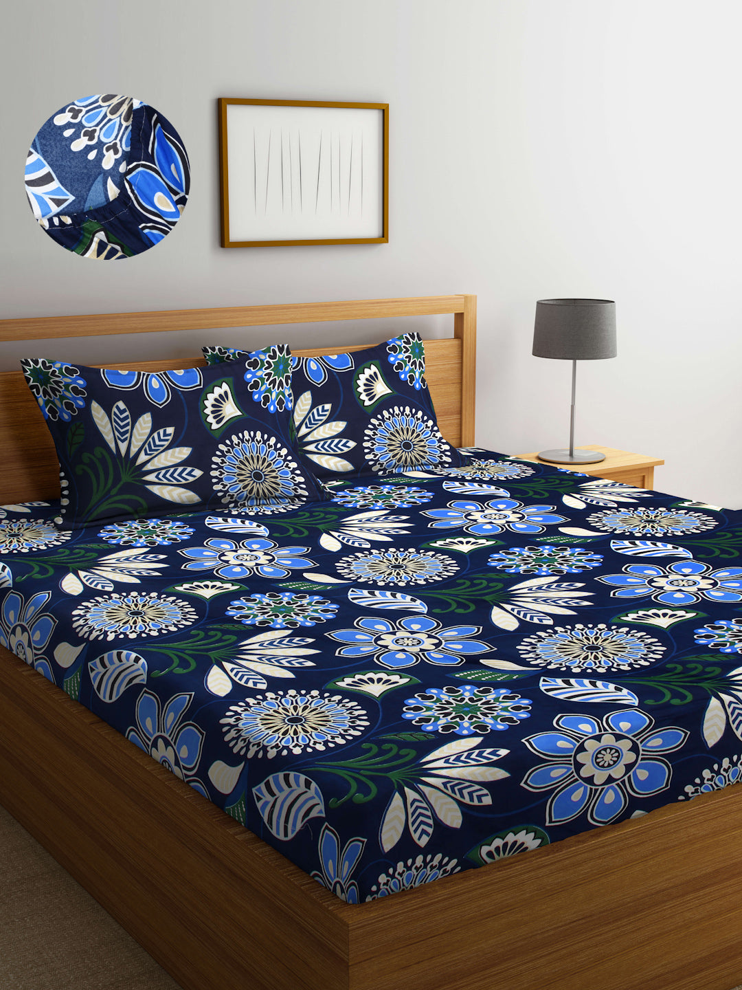 Arrabi Blue Floral TC Cotton Blend King Size Fitted Bedsheet with 2 Pillow Covers(250 X 215 Cm )