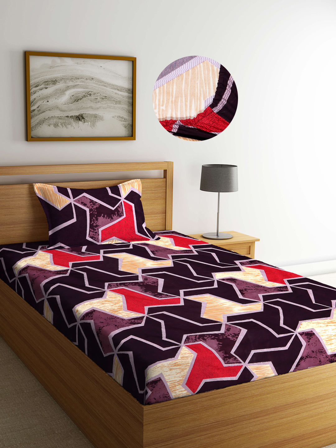 Arrabi Brown Abstract TC Cotton Blend Single Size Fitted Bedsheet with 1 Pillow Cover (220 X 150 cm)