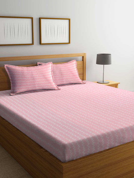 Arrabi Pink Stripes TC Cotton Blend King Size Bedsheet with 2 Pillow Covers (250 X 215 cm)