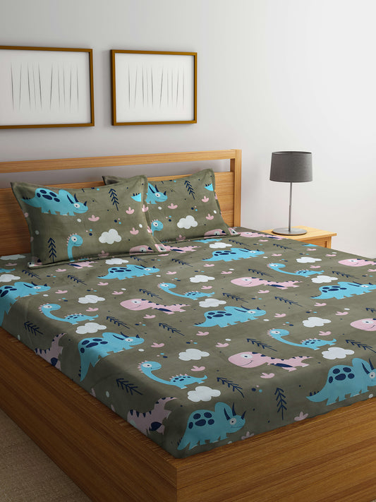 Arrabi Brown Cartoon TC Cotton Blend King Size Bedsheet with 2 Pillow Covers (250 X 215 cm)