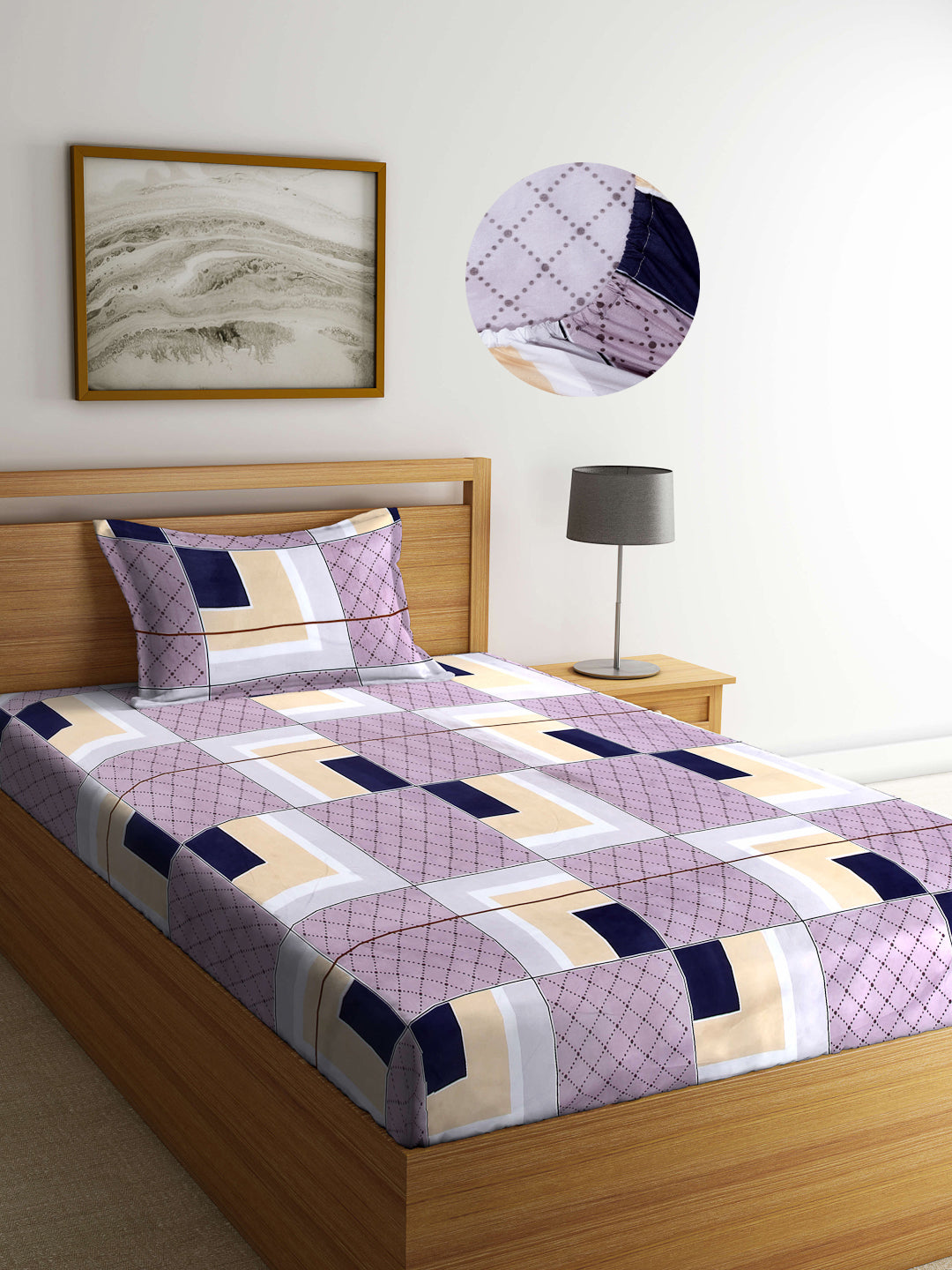 Arrabi Multi Geometric TC Cotton Blend Single Size Fitted Bedsheet with 1 Pillow Cover (220 X 150 cm)