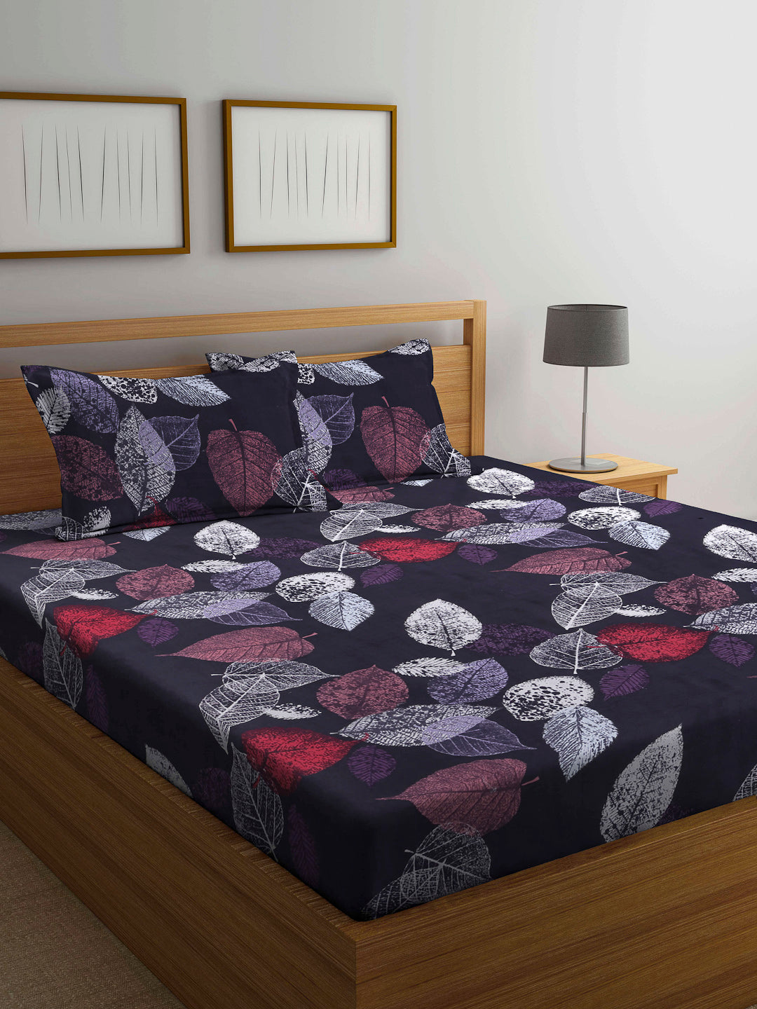 Arrabi Black Leaf TC Cotton Blend Double  Size Bedsheet with 2 Pillow Covers