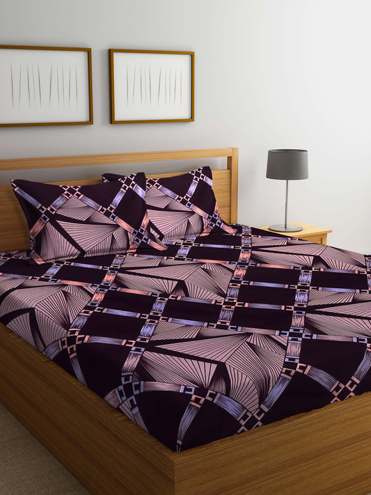 Arrabi Brown Geometric TC Cotton Blend King Size Bedsheet with 2 Pillow Covers (250 X 220 cm)