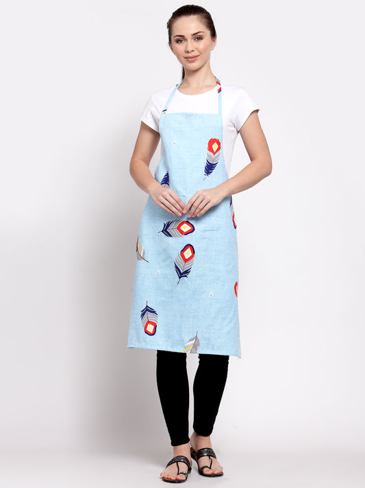 Arrabi Blue Leaf Cotton Blend Apron With 2 Patch Pocket (85 x 70 cm)