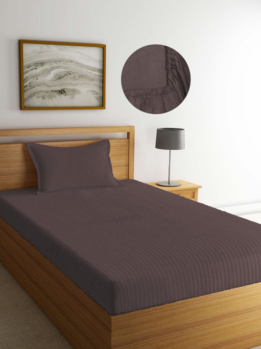 Arrabi Brown Stripes TC Cotton Blend Single Size Fitted Bedsheet with 1 Pillow Cover (220 X 150 cm)