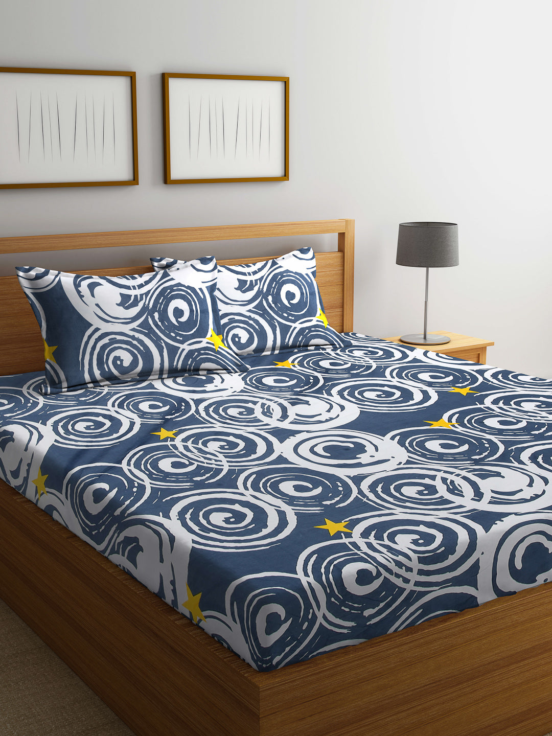 Arrabi Grey Graphic TC Cotton Blend Double Size Bedsheet with 2 Pillow Covers (250 x 215 cm)