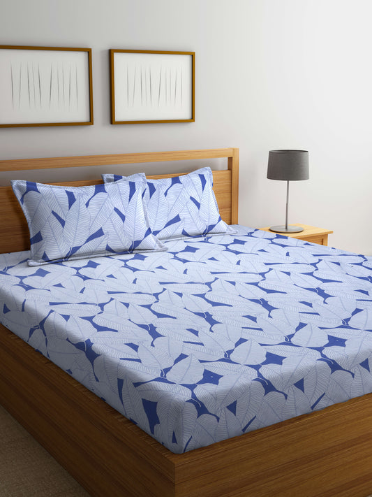 Arrabi Blue Leaf TC Cotton Blend King Size Bedsheet with 2 Pillow Covers (250 X 215 cm)