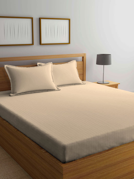 Arrabi Cream Stripes TC Cotton Blend Super King Size Bedsheet with 2 Pillow Covers (270 X 260 cm)