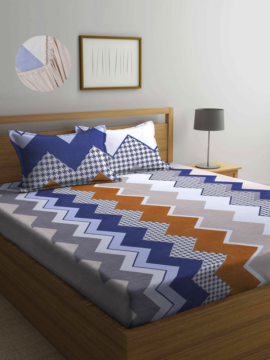 Arrabi Multi Geometric TC Cotton Blend Super King Size Fitted Bedsheet with 2 Pillow Covers(270 X 260 Cm )