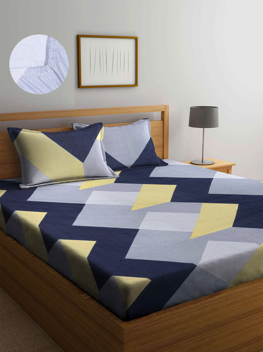 Arrabi Multi Geometric TC Cotton Blend Double Size Fitted Bedsheet with 2 Pillow Covers (250 X 220 cm)