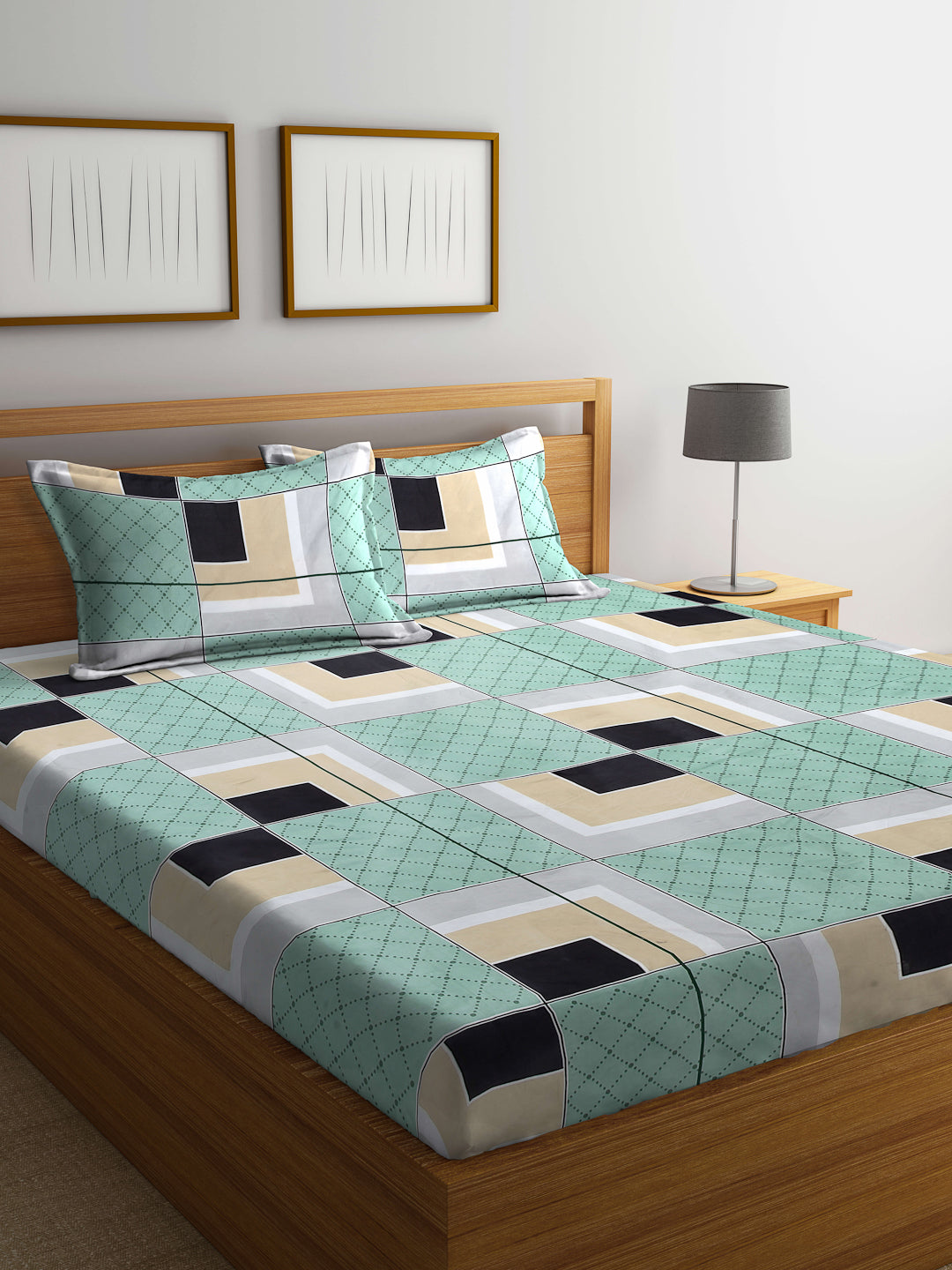 Arrabi Green Geometric TC Cotton Blend Double Size Bedsheet with 2 Pillow Covers (250 x 215 cm)