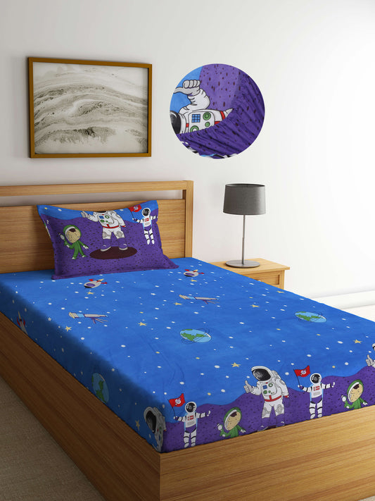 Arrabi Blue Graphic TC Cotton Blend Single Size Fitted Bedsheet with 1 Pillow Cover (220 X 150 cm)
