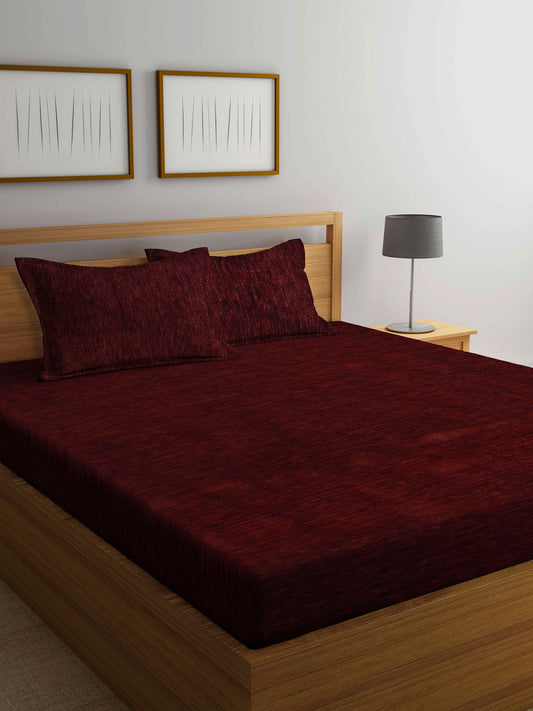 Arrabi Brown Solid Chenille Handwoven Cotton King Size Bedsheet with 2 Pillow Covers (260 X 230 cm)