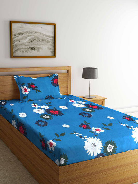 Arrabi Blue Floral TC Cotton Blend Single Size Bedsheet with 1 Pillow Cover (220 X 150 cm)