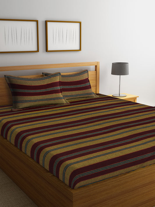 Arrabi Brown & Green Striped Handwoven Cotton Double King Size Bedsheet with 2 Pillow Covers (260 x 260 cm)