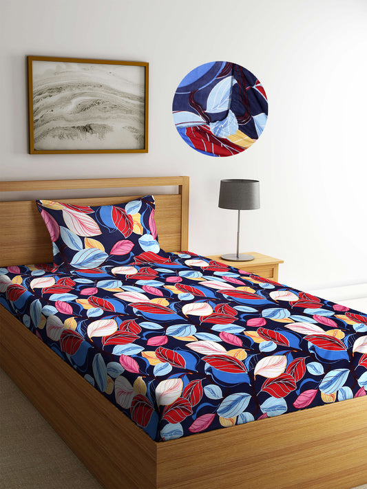 Arrabi Blue Leaf TC Cotton Blend Single Size Fitted Bedsheet with 1 Pillow Cover (220 X 150 cm)