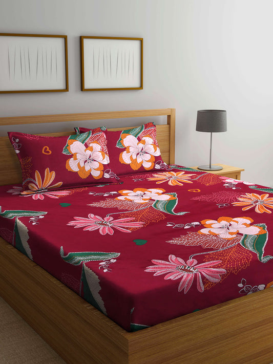 Arrabi Red Floral TC Cotton Blend Double Size Bedsheet with 2 Pillow Covers