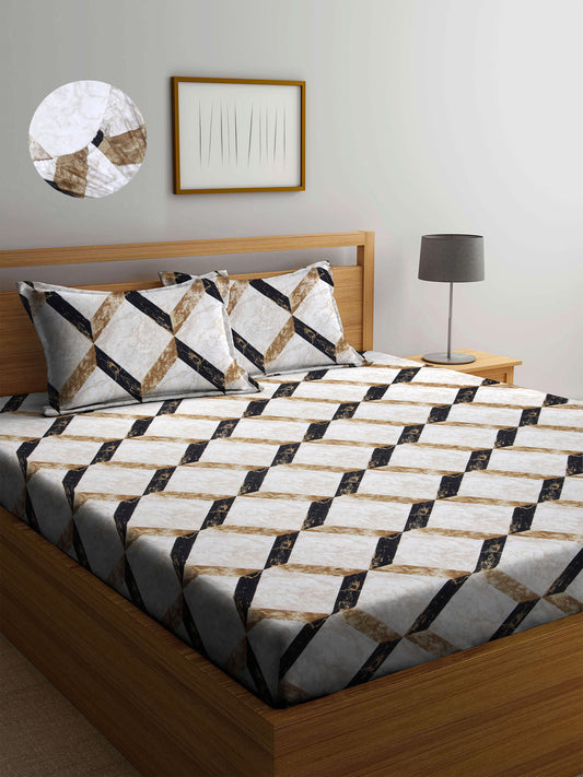 Arrabi Multi Geometric TC Cotton Blend Double Size Fitted Bedsheet with 2 Pillow Covers (250 X 220 cm)