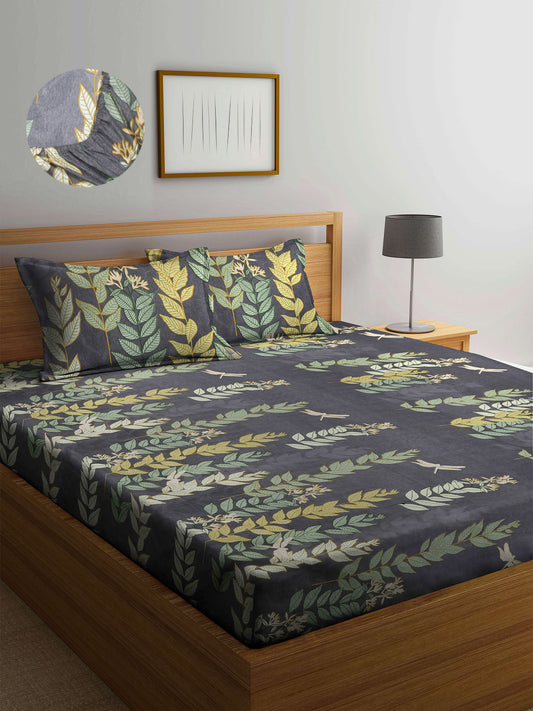 Arrabi Grey Floral TC Cotton Blend Super King Size Fitted Bedsheet with 2 Pillow Covers(270 X 260 Cm )