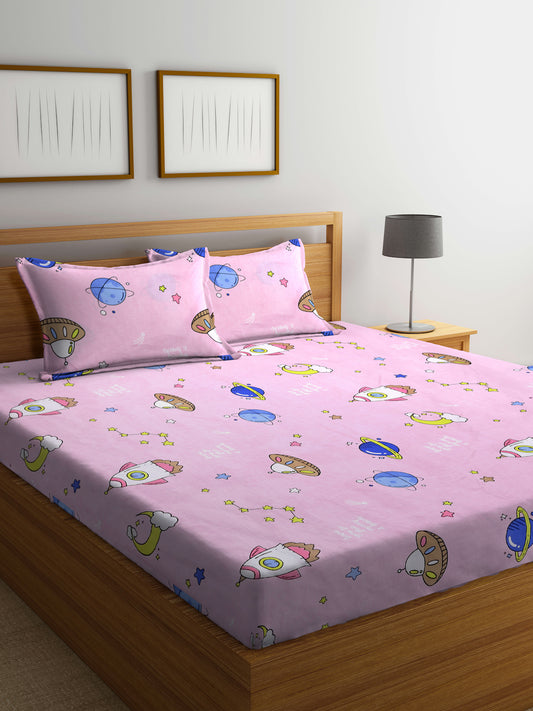 Arrabi Pink Cartoon TC Cotton Blend King Size Bedsheet with 2 Pillow Covers (250 X 215 cm)