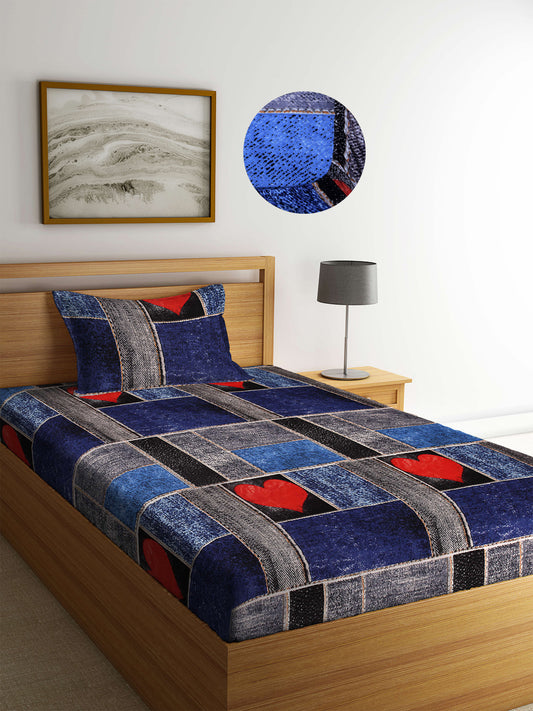 Arrabi Blue Graphic TC Cotton Blend Single Size Fitted Bedsheet with 1 Pillow Cover (220 X 150 cm)