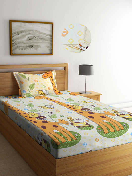 Arrabi Multi Cartoon TC Cotton Blend Single Size Fitted Bedsheet with 1 Pillow Cover (220 X 150 cm)