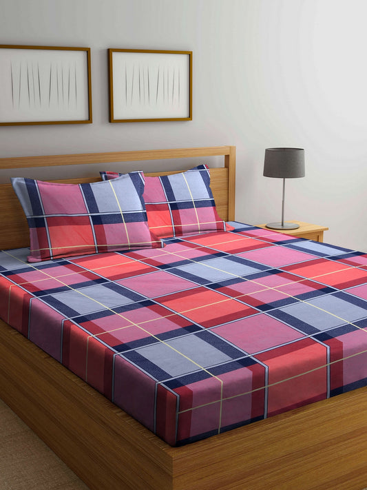 Arrabi Multi Check TC Cotton Blend Double Size Bedsheet with 2 Pillow Covers (250 X 220 Cm)