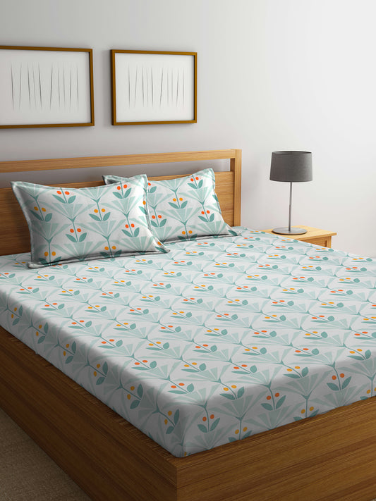 Arrabi Green Leaf TC Cotton Blend King Size Bedsheet with 2 Pillow Covers (250 X 215 cm)