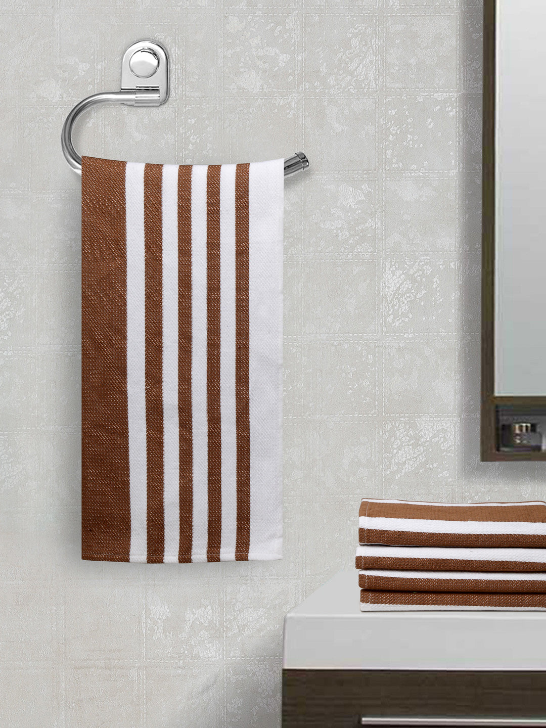 Arrabi Brown Stripes Handwoven Cotton Hand Towel (Set of 5) (85 X 35 cm)