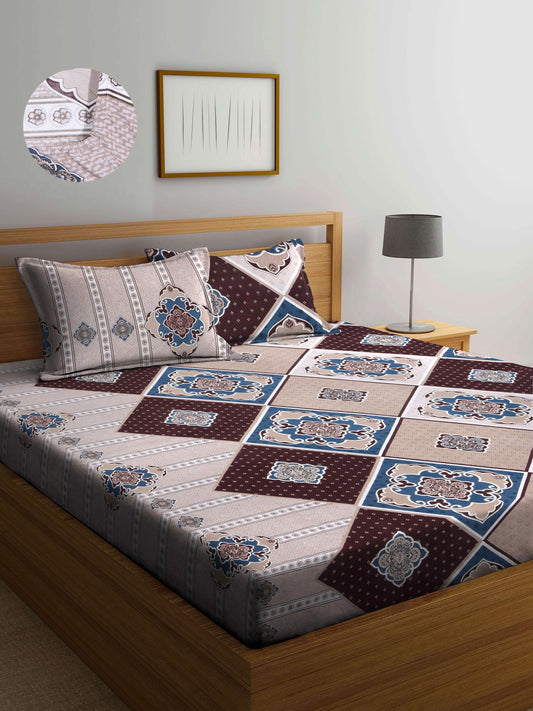 Arrabi Multi Graphic TC Cotton Blend Double Size Fitted Bedsheet with 2 Pillow Covers (250 X 220 cm)