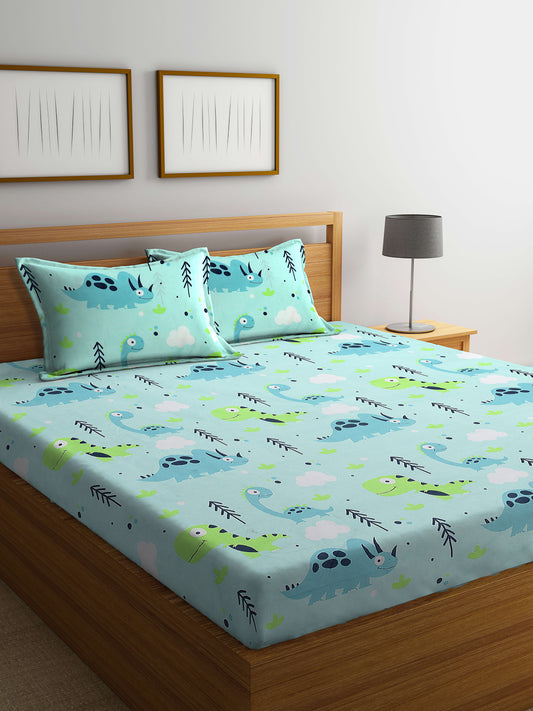 Arrabi Green Cartoon TC Cotton Blend King Size Bedsheet with 2 Pillow Covers (250 X 215 cm)