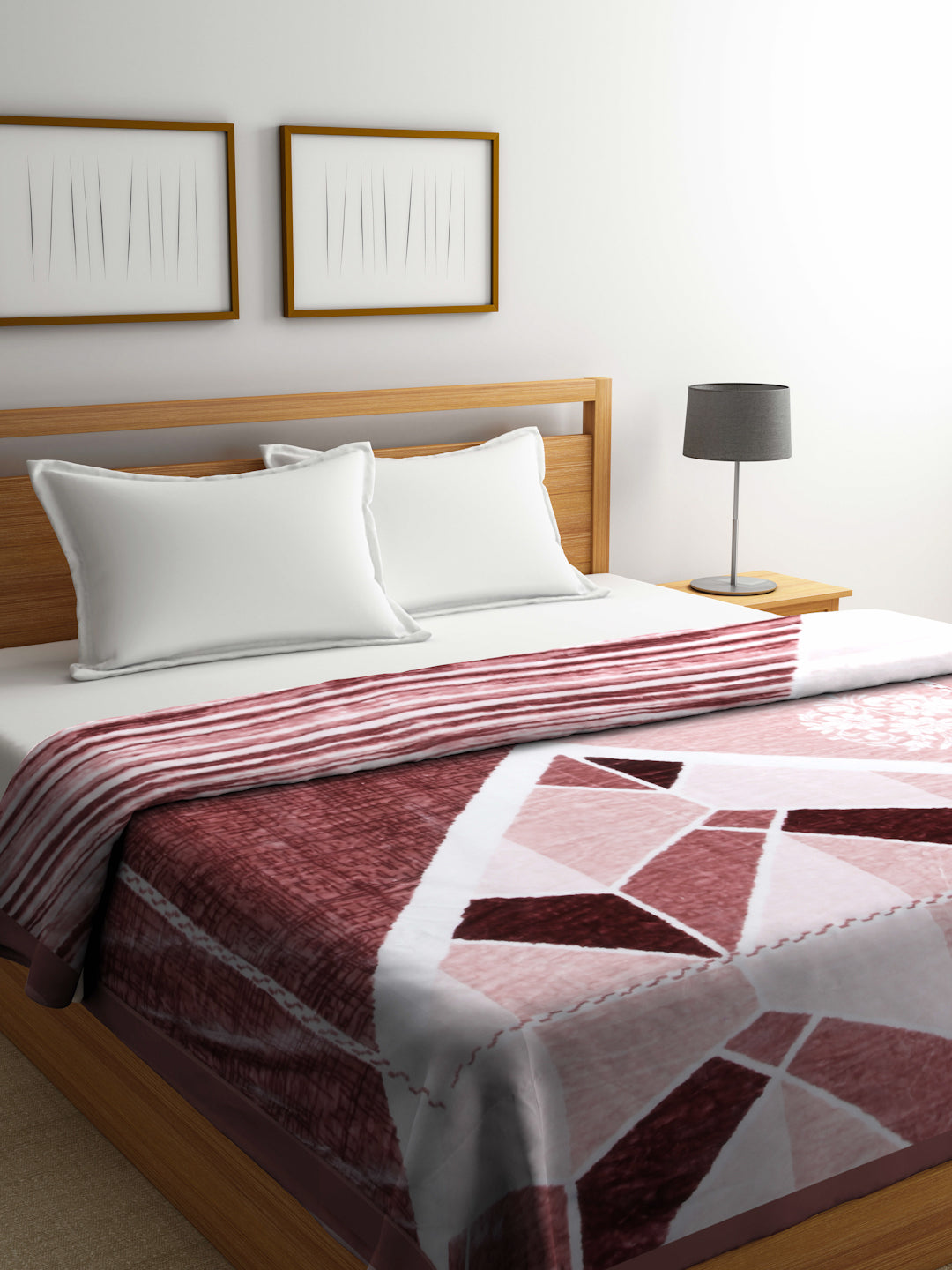 Arrabi Peach Geometric Wool Blend 950 GSM Full Size Double Bed Blanket (220 X 200 cm)