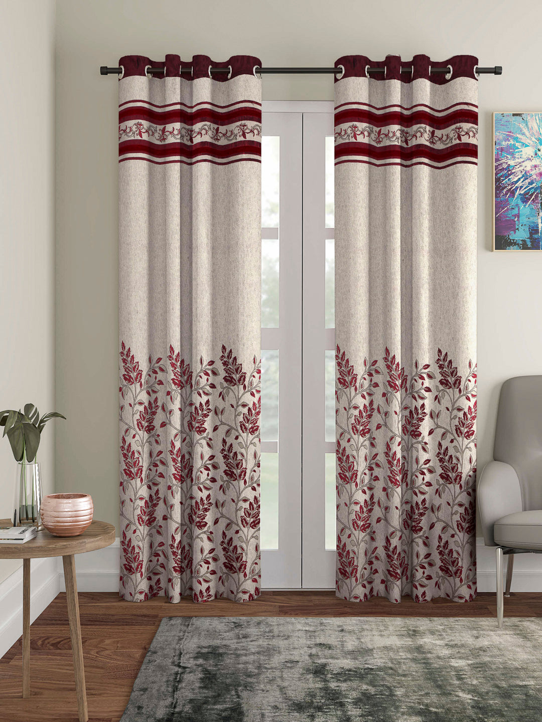 Arrabi Red Leaf Print TC Cotton Blend Set of 2 Long Door Curtains (275 X 120 cm)