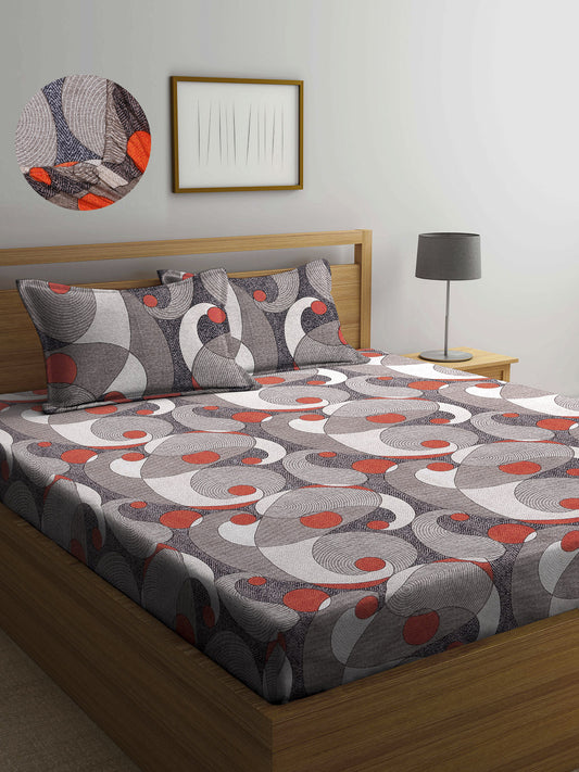 Arrabi Multi Graphic TC Cotton Blend Super King Size Fitted Bedsheet with 2 Pillow Covers(270 X 260 Cm )