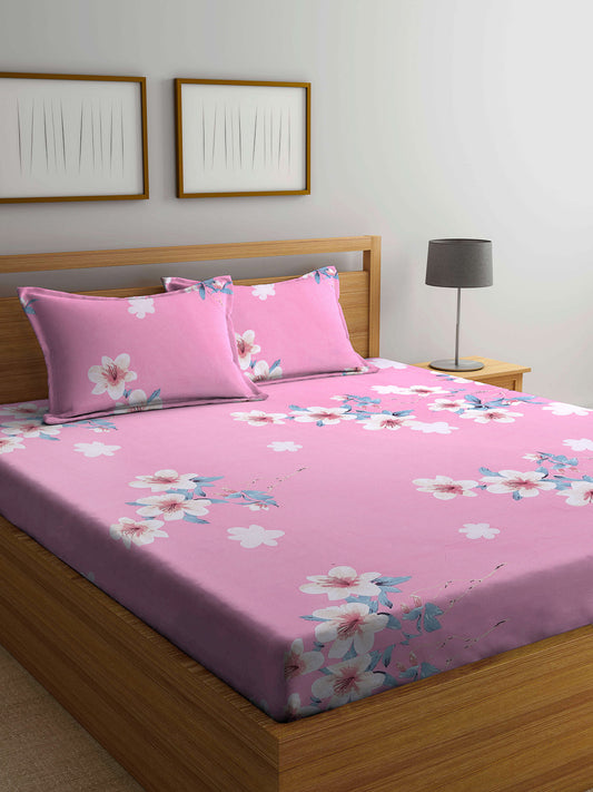 Arrabi Pink Floral TC Cotton Blend Double Size Bedsheet with 2 Pillow Covers