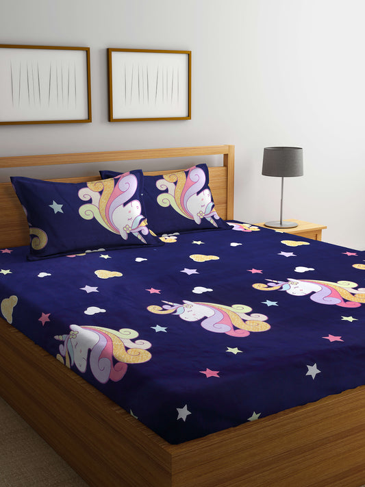 Arrabi Blue Cartoon TC Cotton Blend King Size Bedsheet with 2 Pillow Covers (250 X 220 cm)