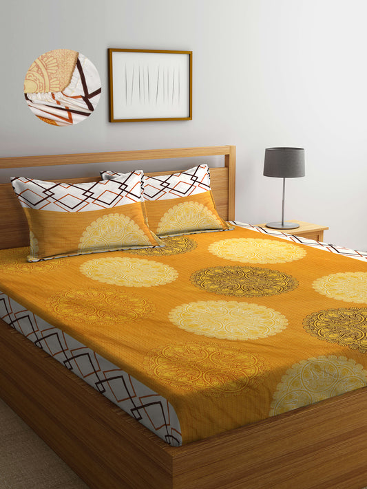 Arrabi Yellow Indian TC Cotton Blend King Size Fitted Bedsheet with 2 Pillow Covers (250 X 220 Cm )