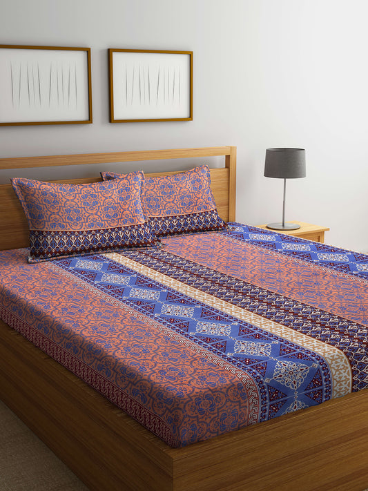 Arrabi Multi Indian TC Cotton Blend King Size Bedsheet with 2 Pillow Covers (250 X 215 cm)