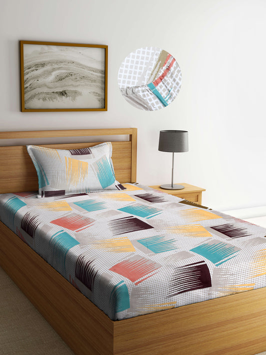 Arrabi Multi Graphic TC Cotton Blend Single Size Fitted Bedsheet with 1 Pillow Cover (220 X 150 cm)