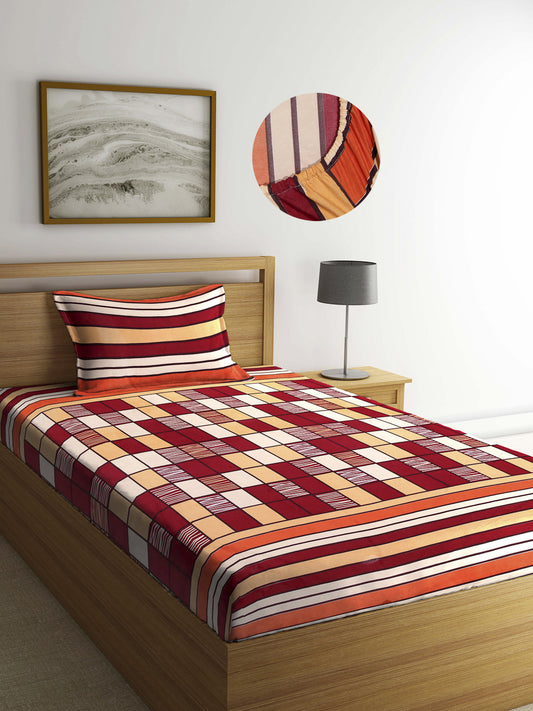 Arrabi Multi Geometric TC Cotton Blend Single Size Fitted Bedsheet with 1 Pillow Cover (220 X 150 cm)