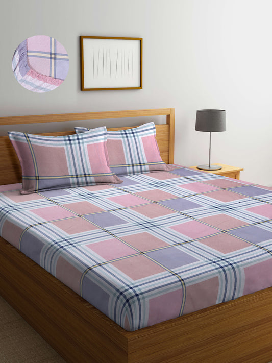 Arrabi Multi Geometric TC Cotton Blend King Size Fitted Bedsheet with 2 Pillow Covers(250 X 215 Cm )