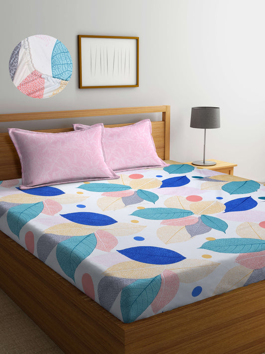 Arrabi Pink Leaf TC Cotton Blend Super King Size Fitted Bedsheet with 2 Pillow Covers(270 X 260 Cm )